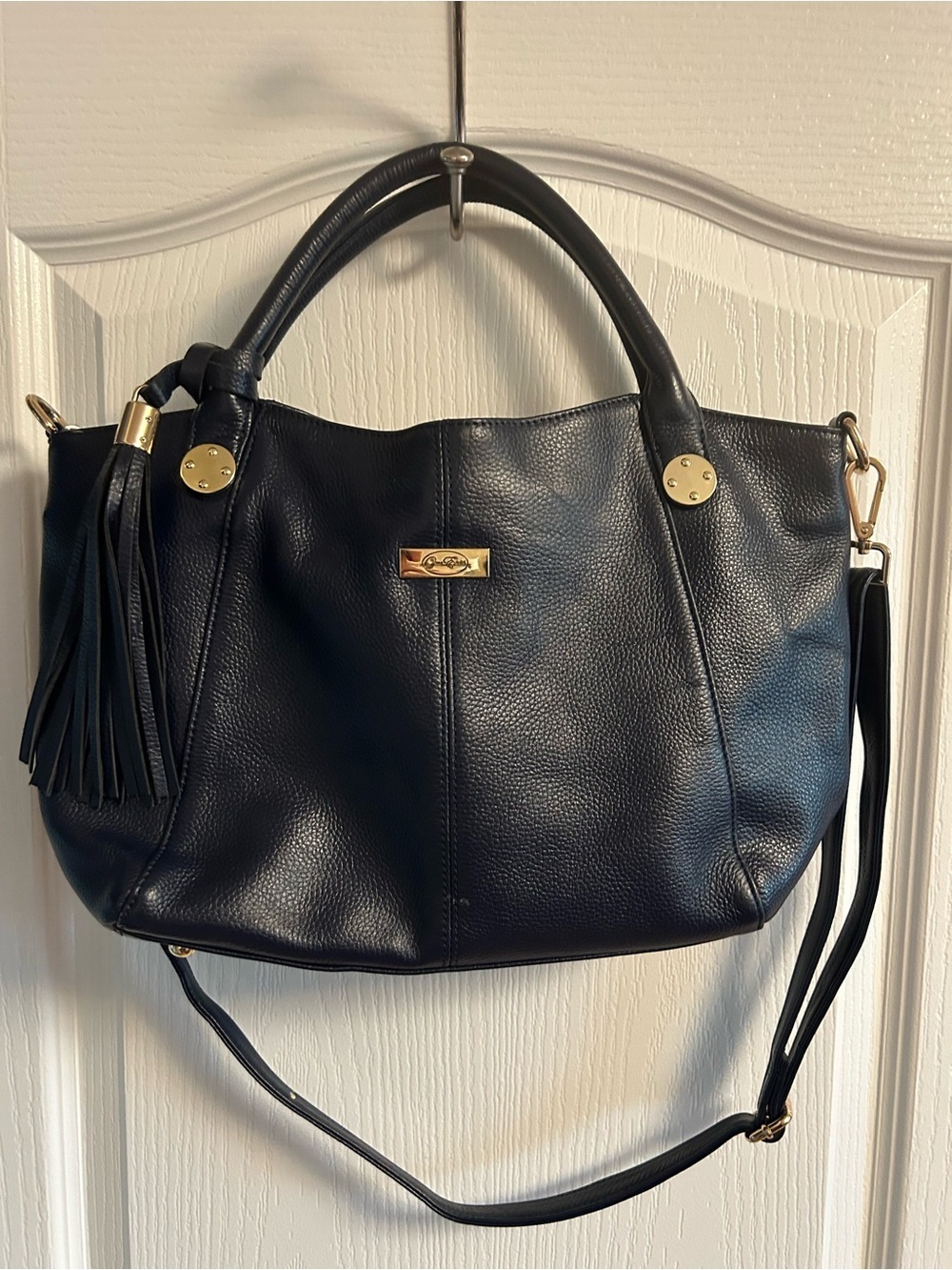 Onna Ehrlich Navy Pebbled Leather Satchel with Tassel and Gold Hardware